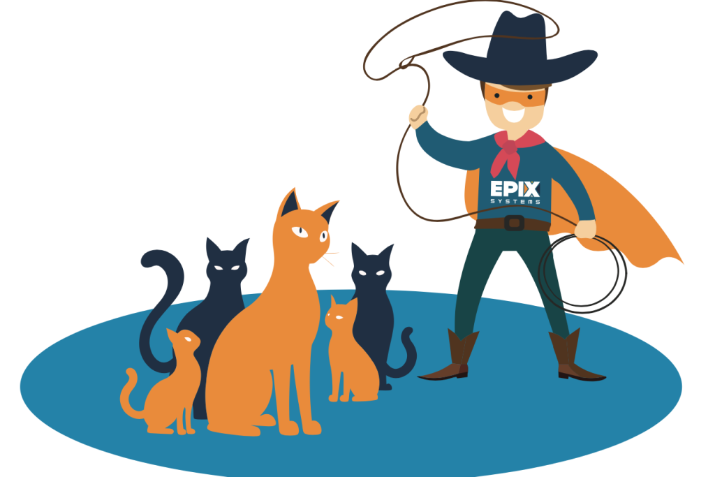 A cartoon EPIX man in a cape and hat with a lasso, plus five cats
