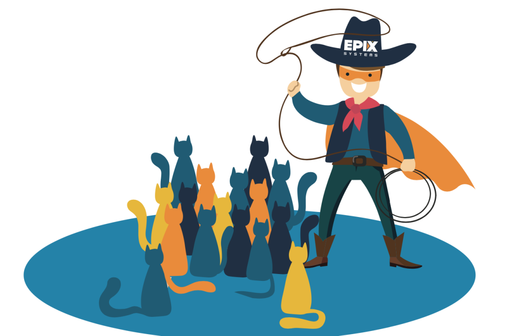 A cartoon EPIX man with cape and hat and a lasso. 16 cats sit in front of him watching.