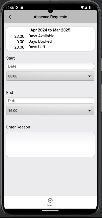 Book half day holidays - a screenshot of the app
