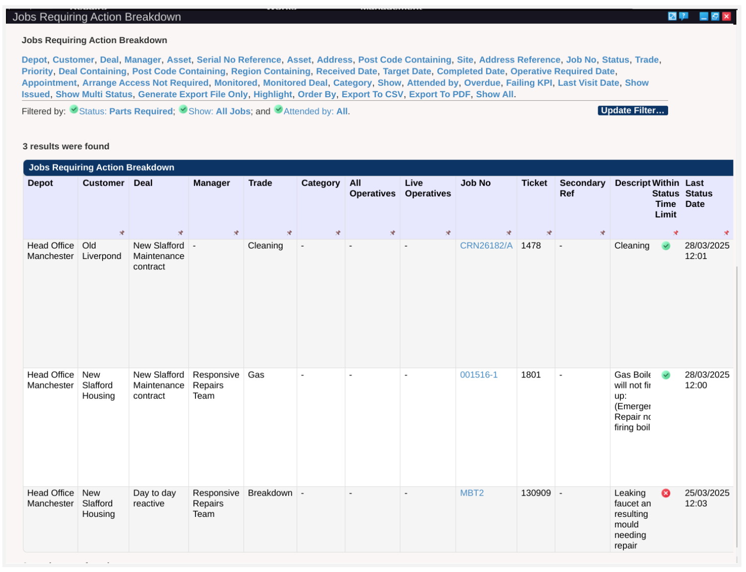 A screenshot of the Status KPI screen