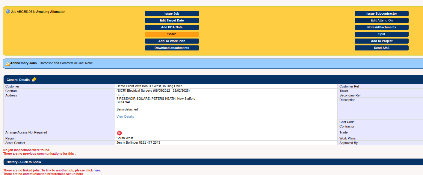 Screenshot of the issues job screen