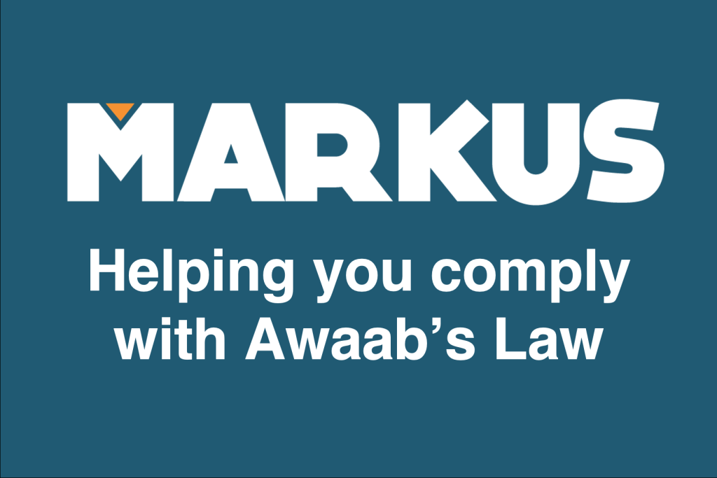 A blue graphic with the MARKUS logo and the words Helping you Comply with Awaab's Law