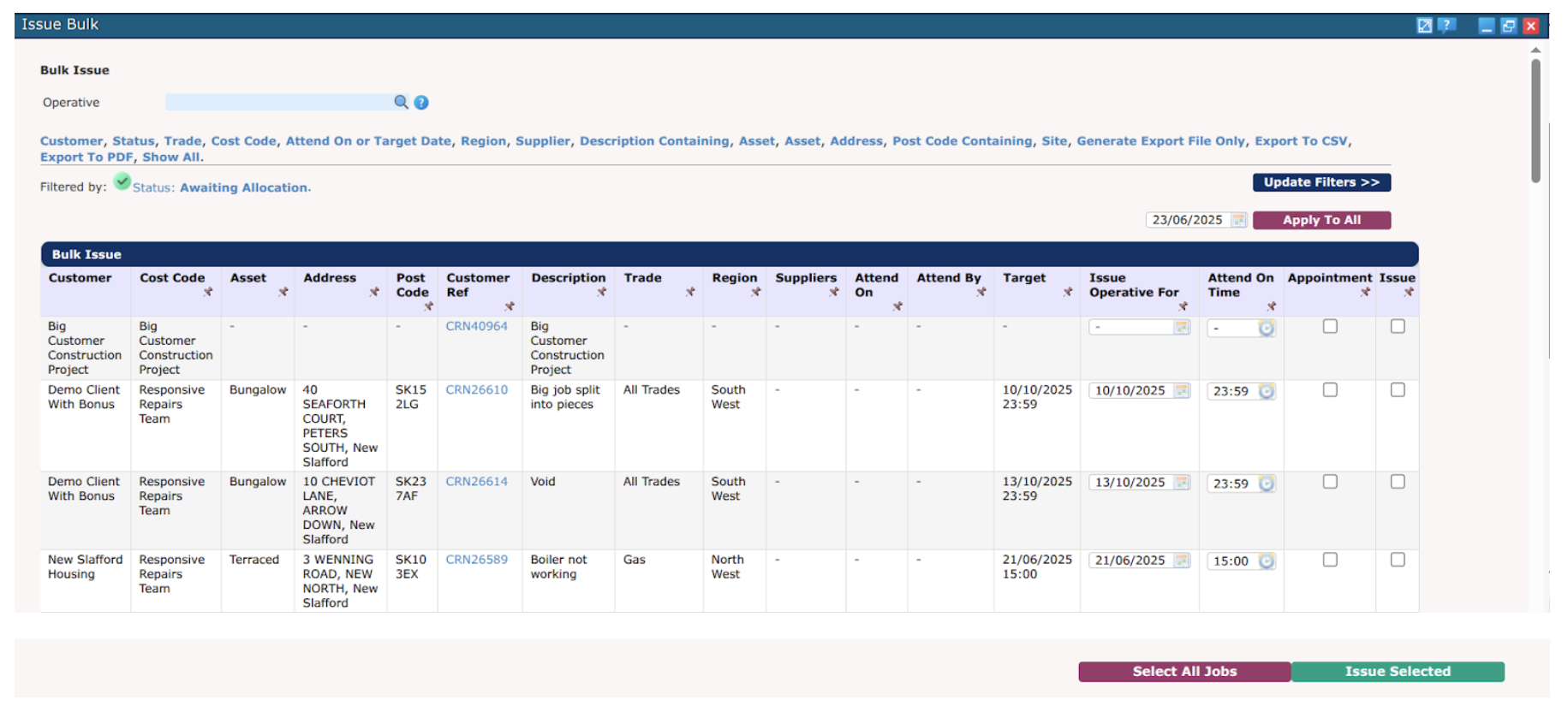 An issuing jobs screen