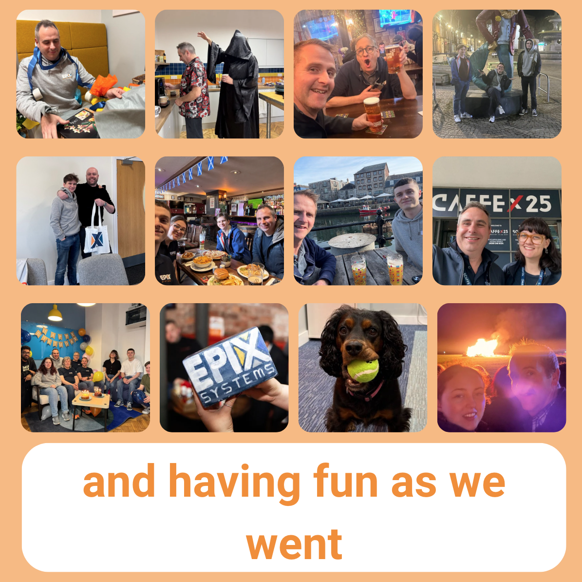 a collection of team photos with the heading 'and having fun as we went'