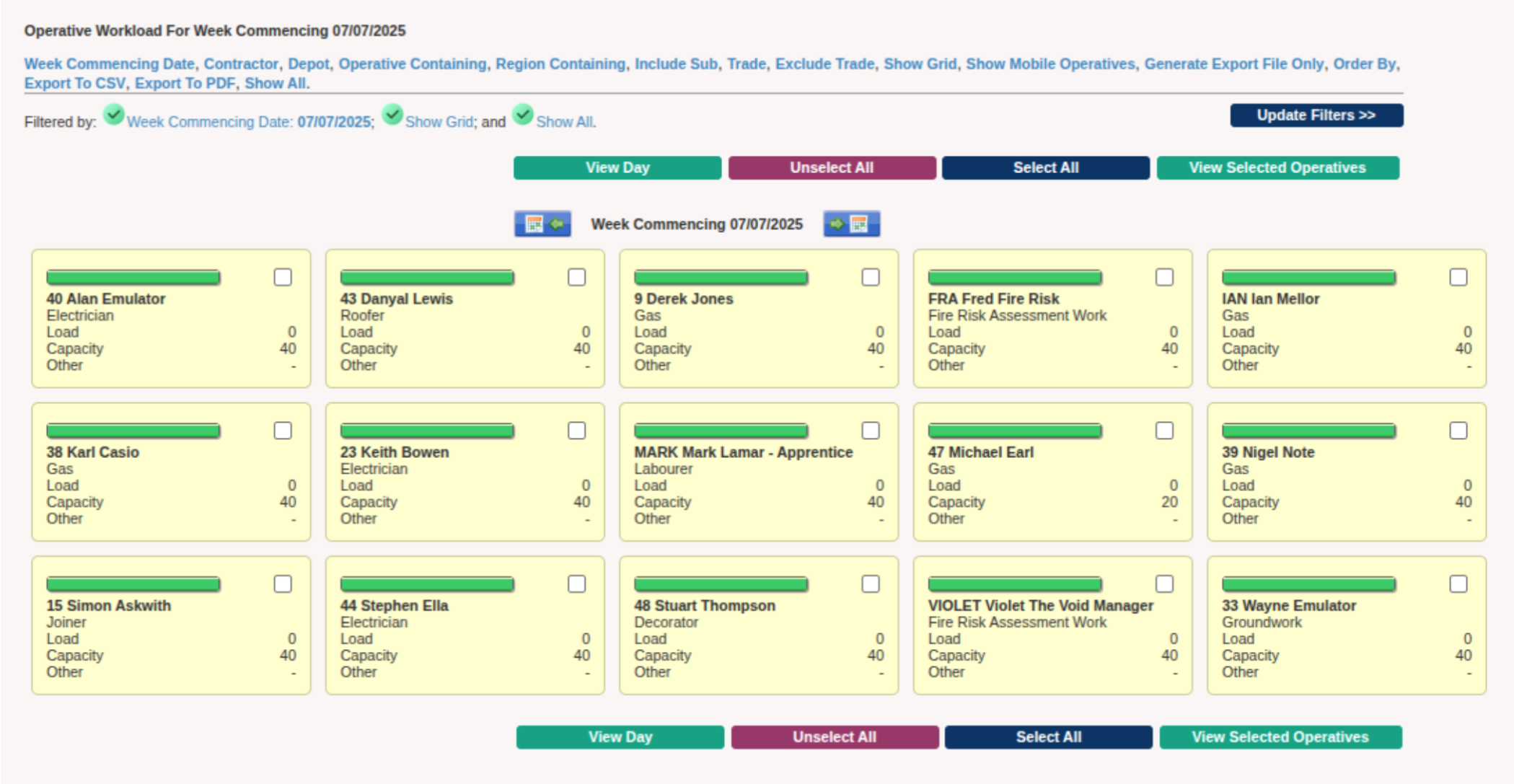 Screenshot of scheduling screen