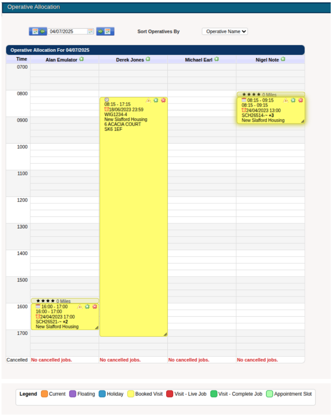 Screenshot of scheduling screen