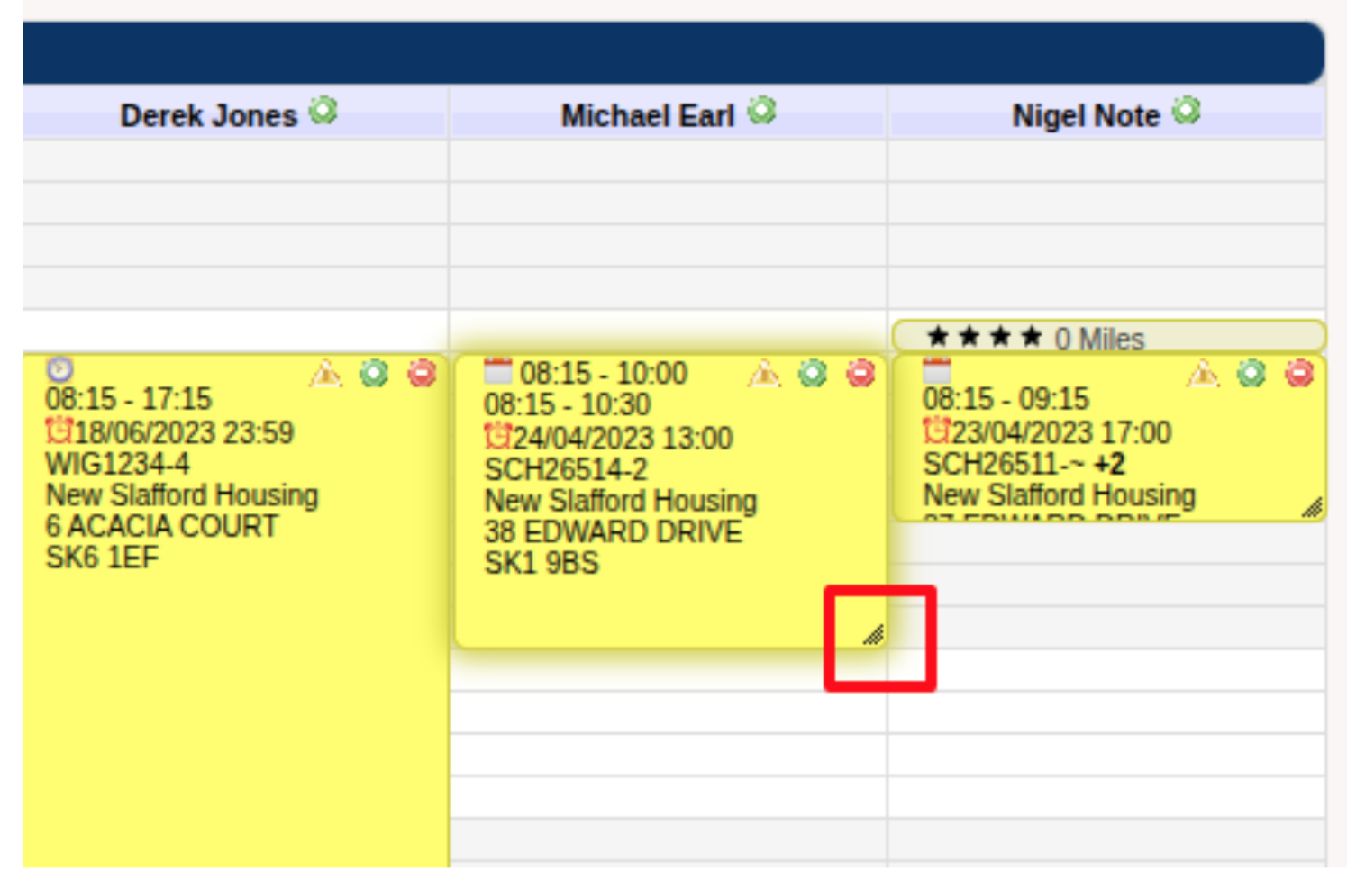 Screenshot of scheduling screen