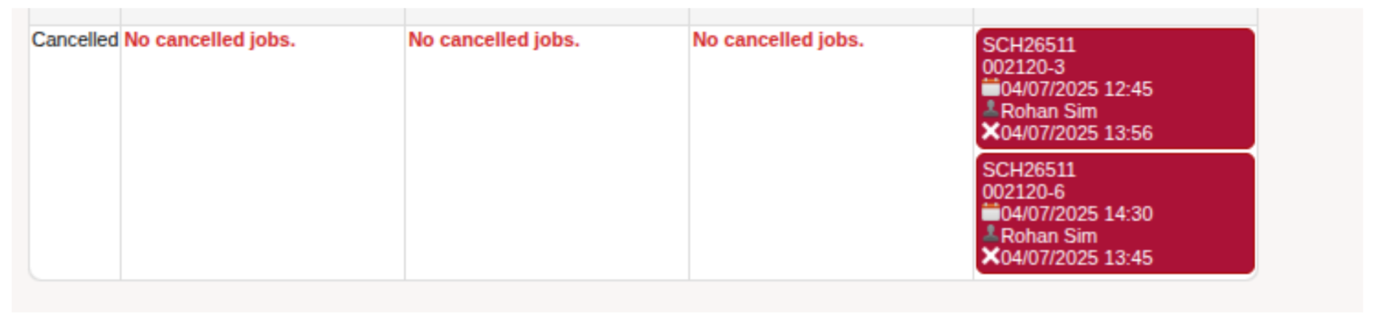 Screenshot of scheduling screen