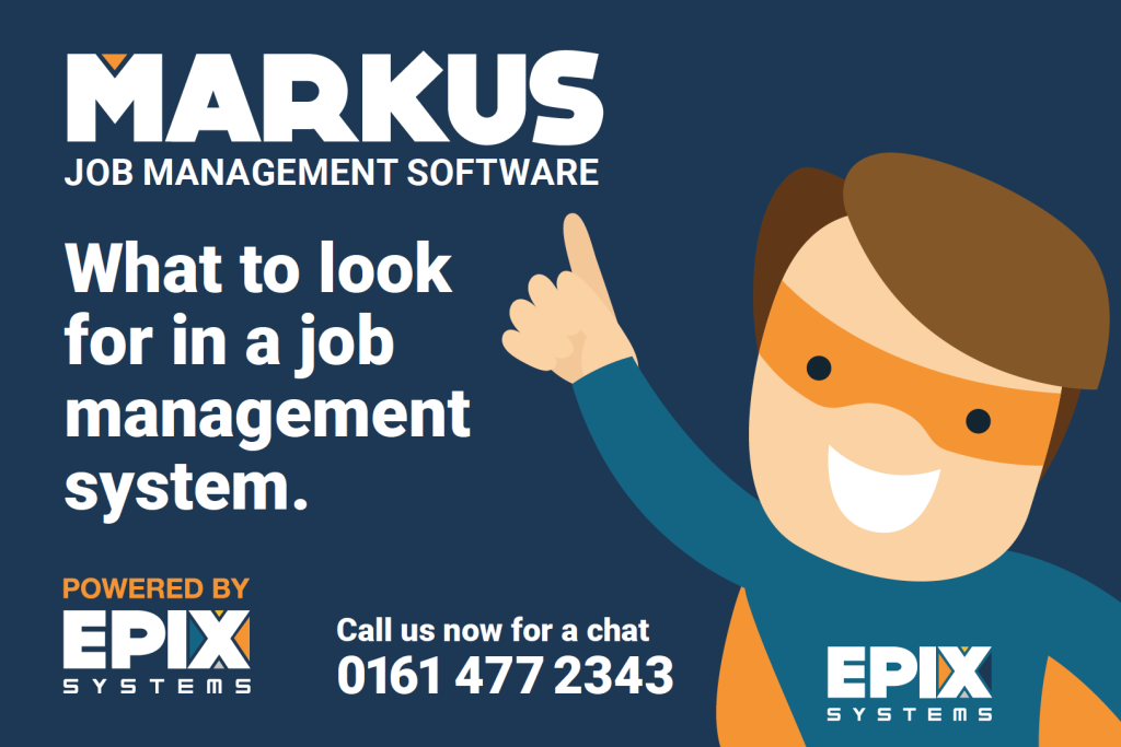A graphic with the EPIX man and the words 'what to look for in a job management system'