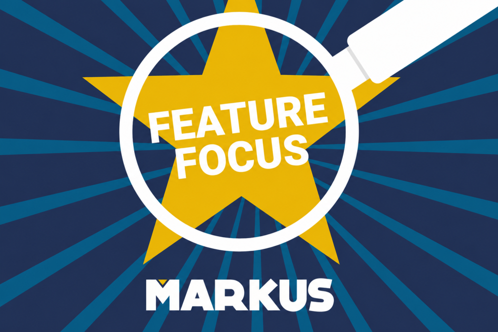 Feature Focus graphic blue and yellow